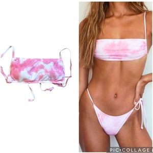 Pink and white tie-dye bikini top, small, open back, strappy, adjustable